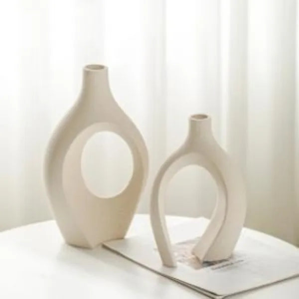 Snuggle Hollow Ceramic Vase Set of 2, Boho ins Style Nordic Mid Century Modern Aesthetic Decorative Vase(Cream W 6.8" X H 11")