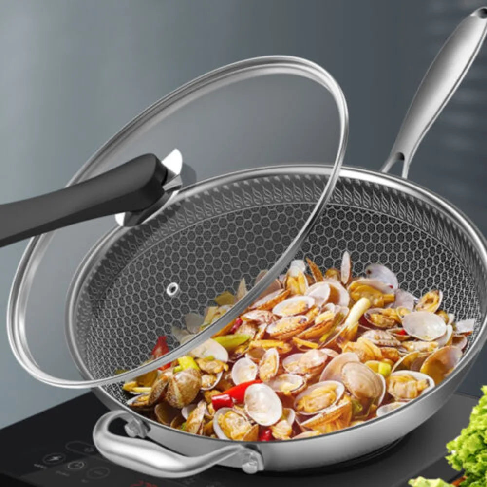Bymaocar 34cm Cooking Wok Stainless Steel Kitchen Frying Pan with Non-stick Coated & Glass  Lid for Gas Stove & Induction Cooker