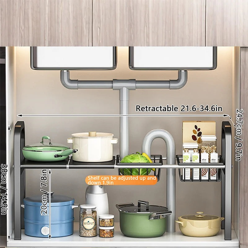 Kitchen Under Sink Adjustable Pot Rack Multifunctional Dish Pans Snacks Cookware Storage Rack Countertop Cabinet Storage Basket