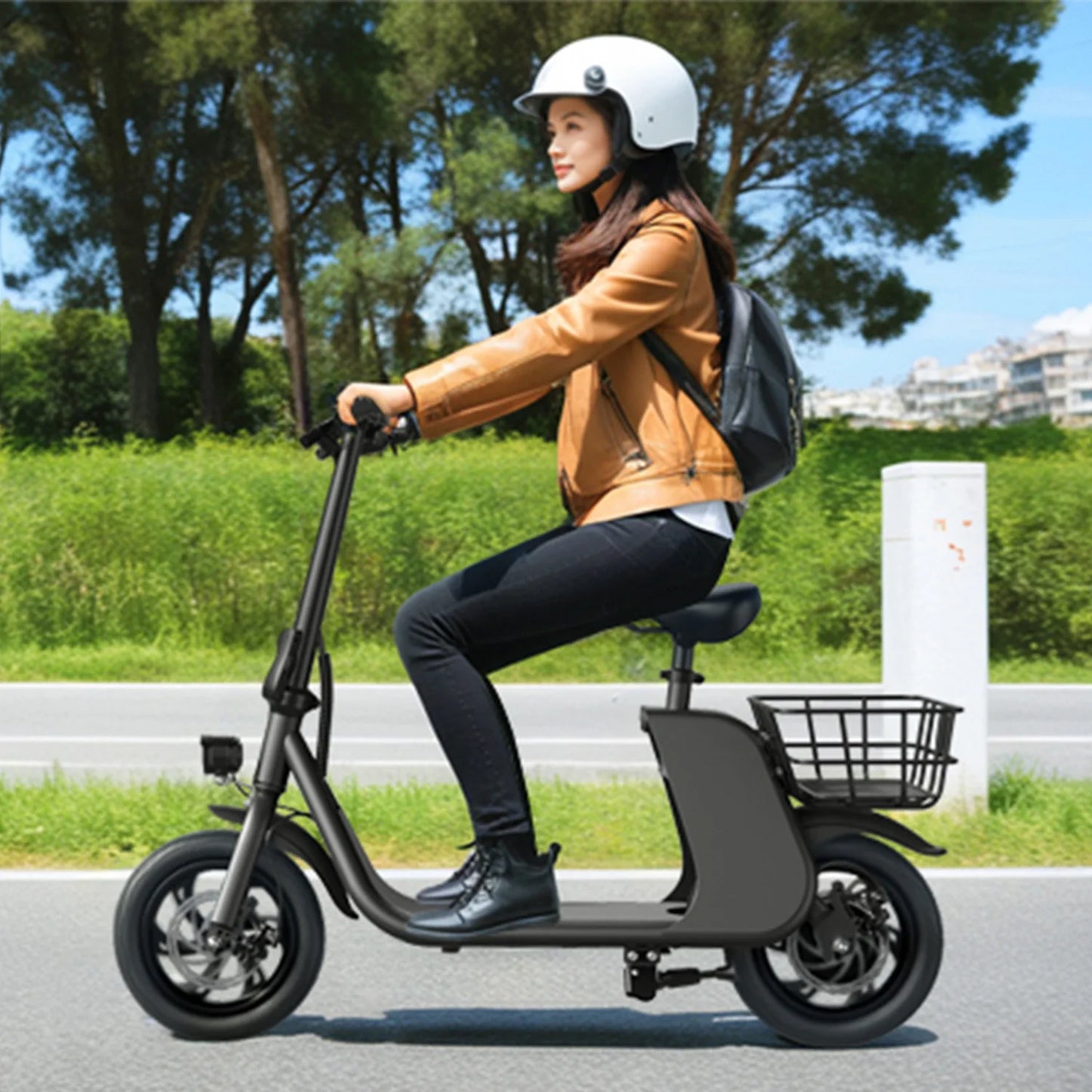 450W adult electric scooter, 18MPH with seat and shopping basket for pets, suitable for women's outdoor riding electric scooter