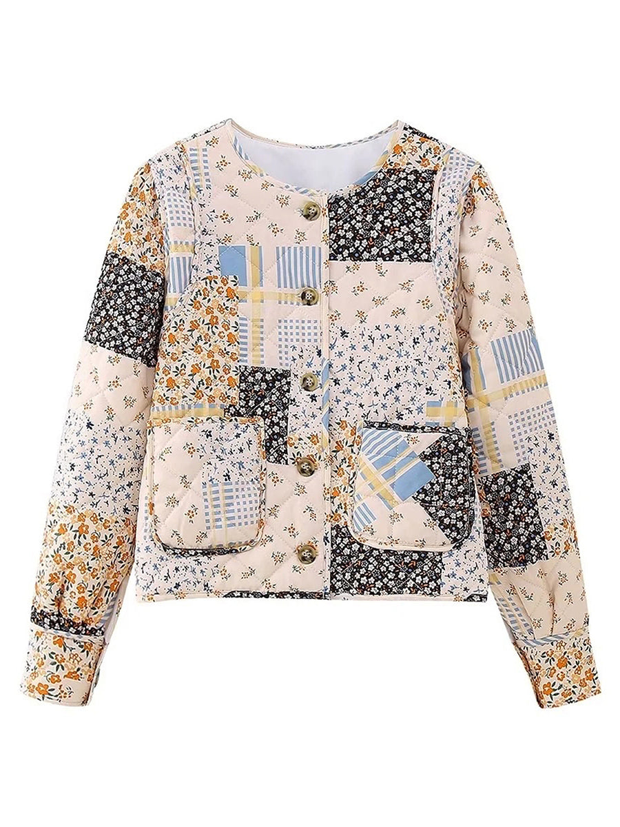 Fall Winter Women's Quilted Coats Jacket Lightweight Fashion Floral Print Casual Long Sleeve Button Cardigan Outwear Streetwear