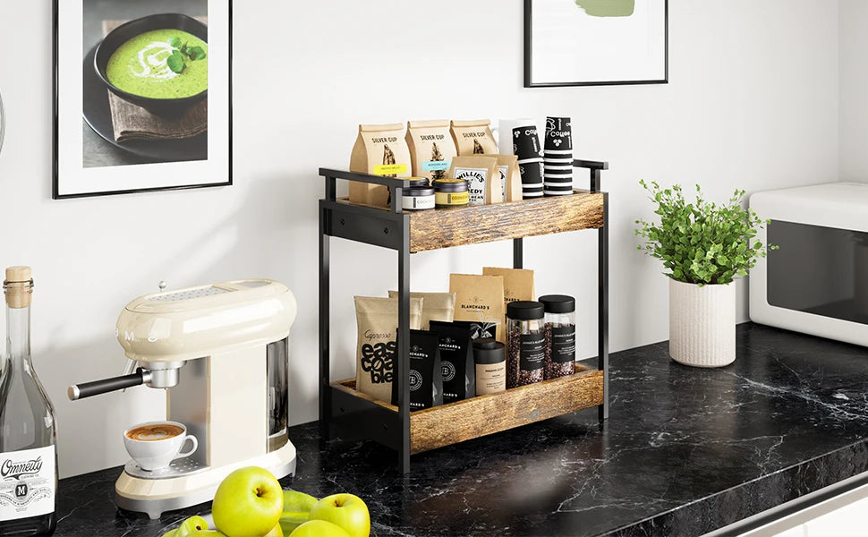 Countertop Coffee Station Organizer, 2 Tier Wooden Shelf for Coffee Bar Accessories, Condiment Storage Caddy for Kitchen