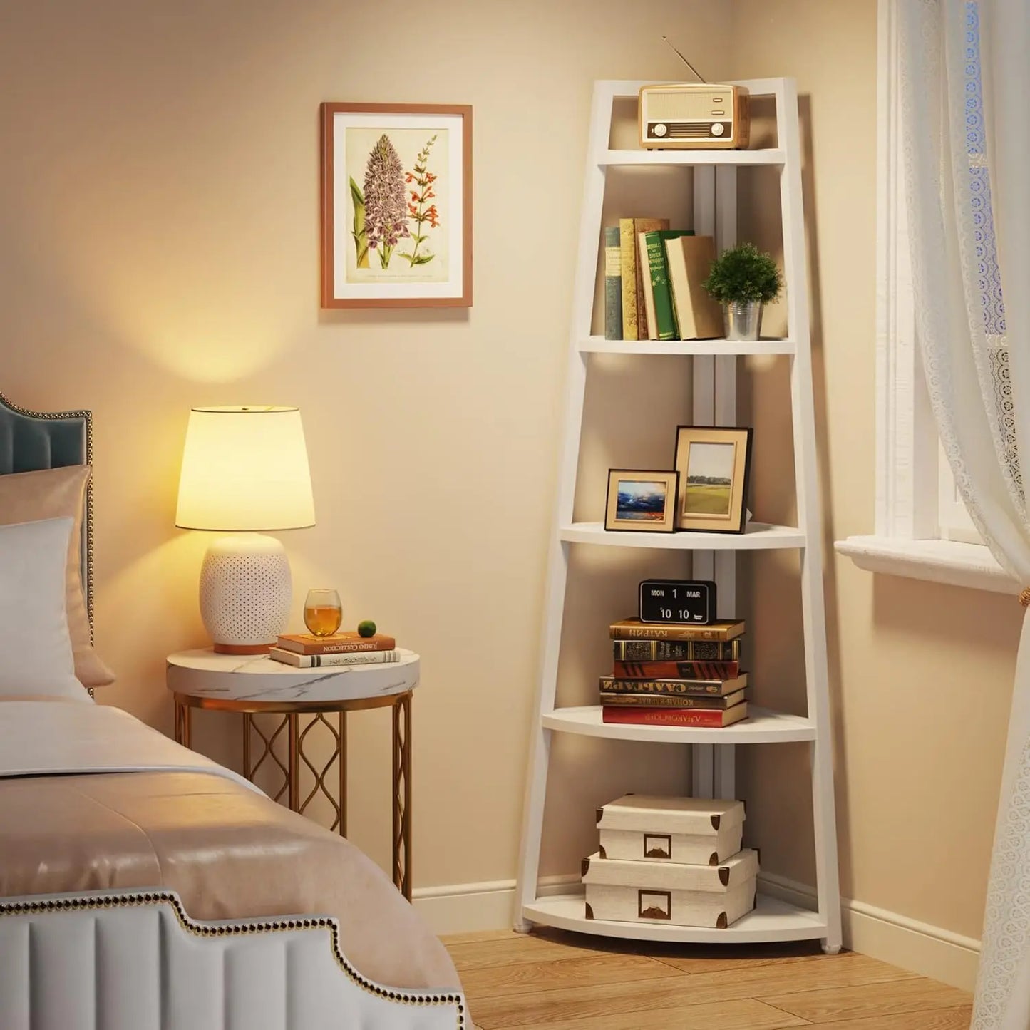 5 Tier Industrial Corner Bookshelf Bookcase Industrial Corner Ladder Shelf Plant Stand for Living Room, Kitchen, Home Office