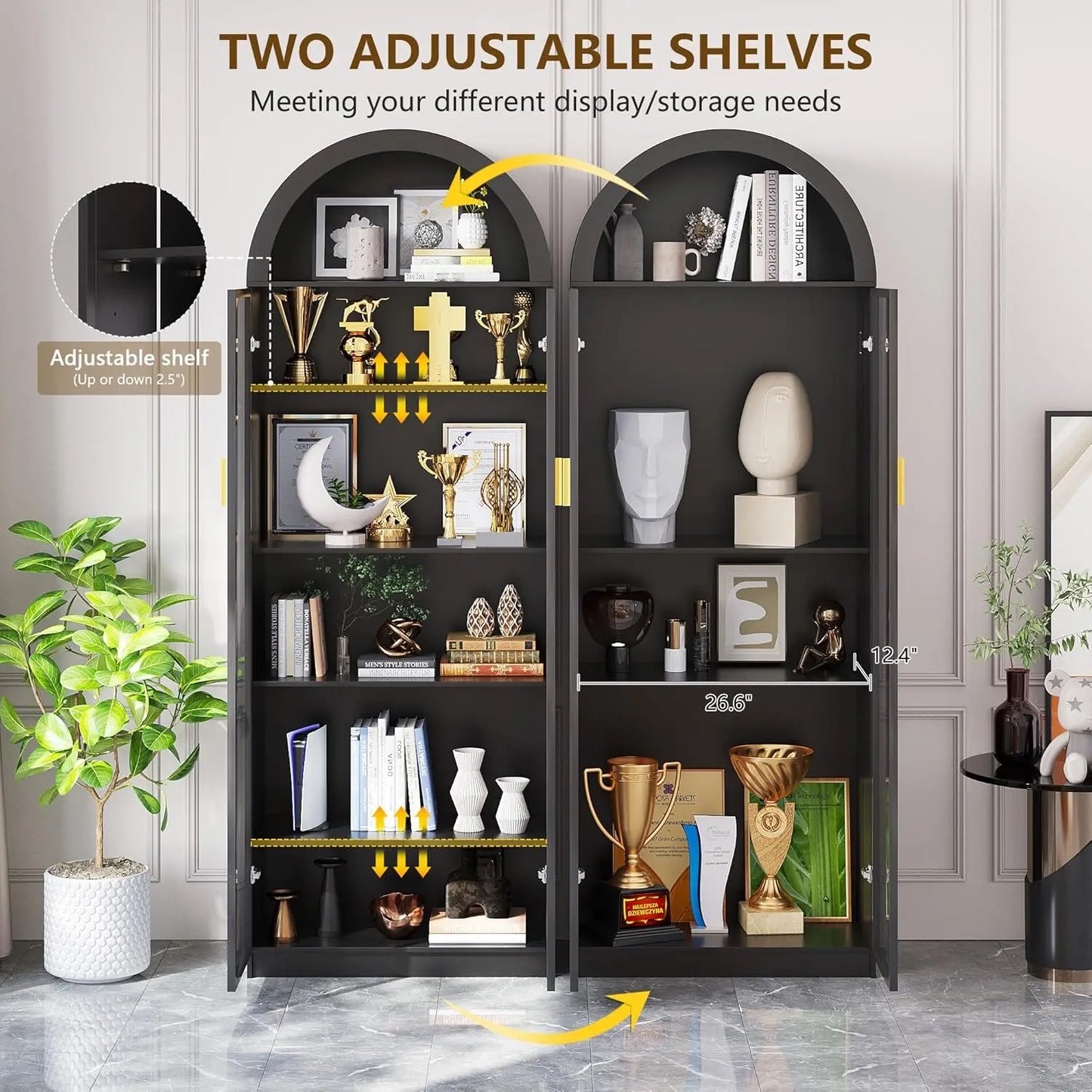 Display Cabinet with Doors and Adjustable Shelves, 76" Tall Display Case with LED Lights/Arch