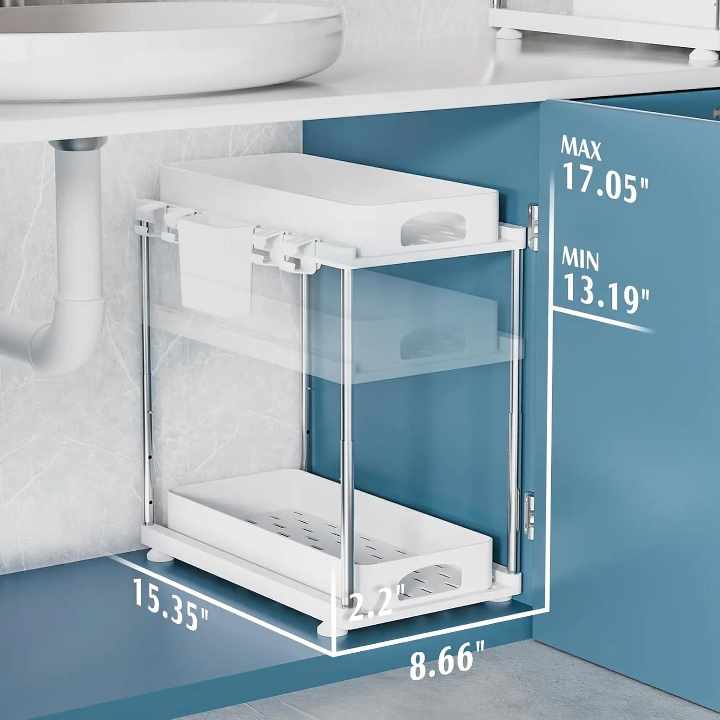 2 Pack Under Sink Organizers and Storage, Double Sliding Kitchen Cabinet Organizer,2 Tier Height Adjustable Countertop Organizer