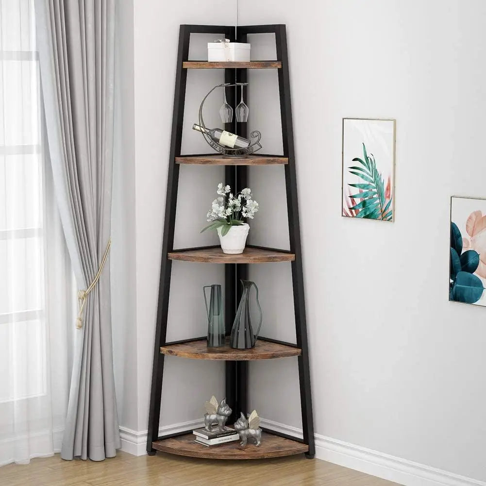 5 Tier Industrial Corner Bookshelf Bookcase Industrial Corner Ladder Shelf Plant Stand for Living Room, Kitchen, Home Office