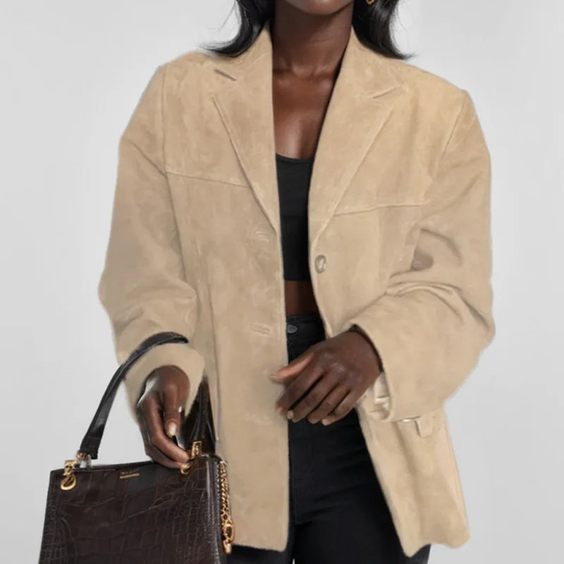 2025 Casual Brown Lapel Pocket Suede Leather Jacket Fashion Woman Single Button Long Sleeve Crop Coat Lady Autumn Street Outwear