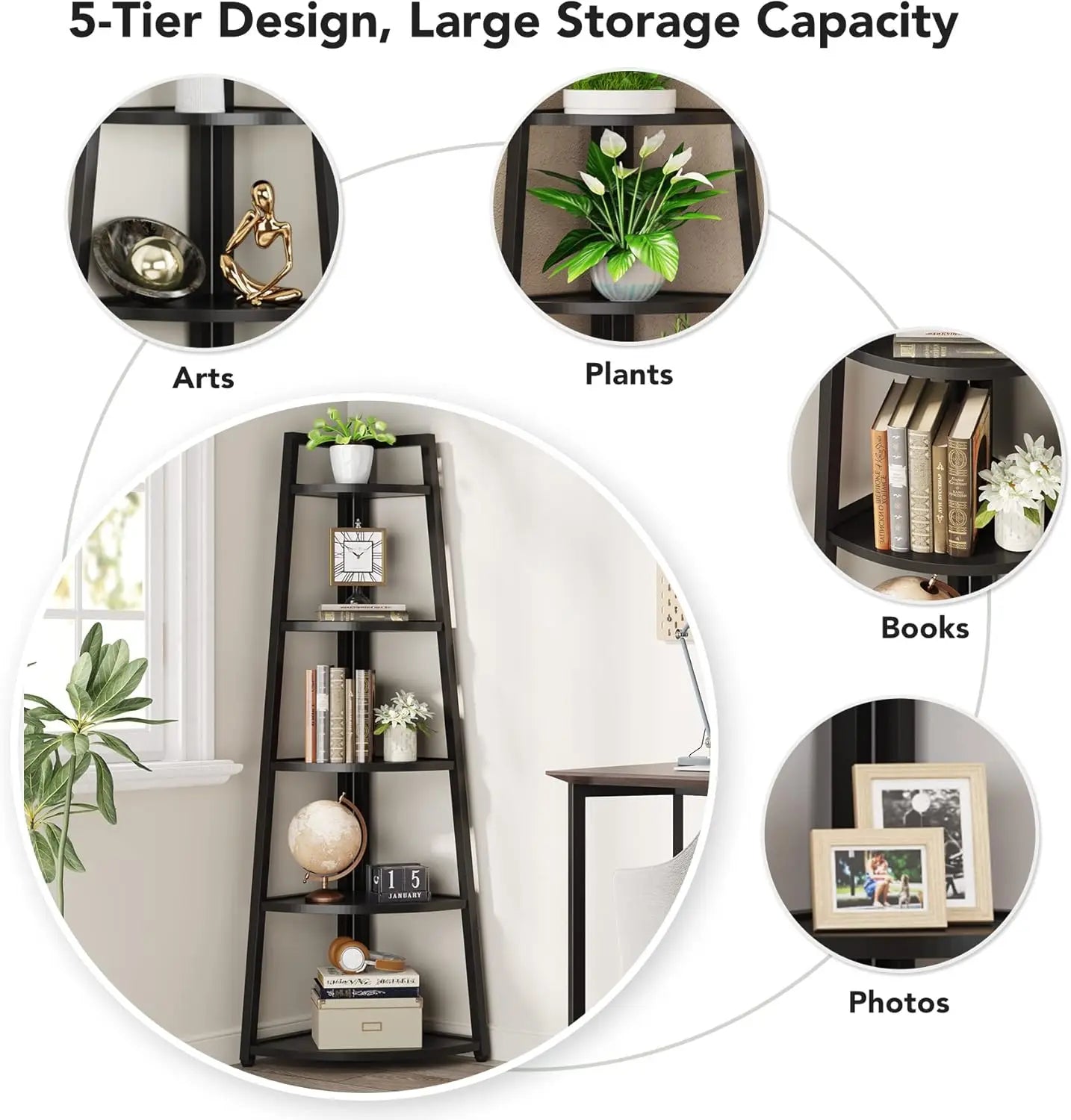 5 Tier Industrial Corner Bookshelf Bookcase Industrial Corner Ladder Shelf Plant Stand for Living Room, Kitchen, Home Office