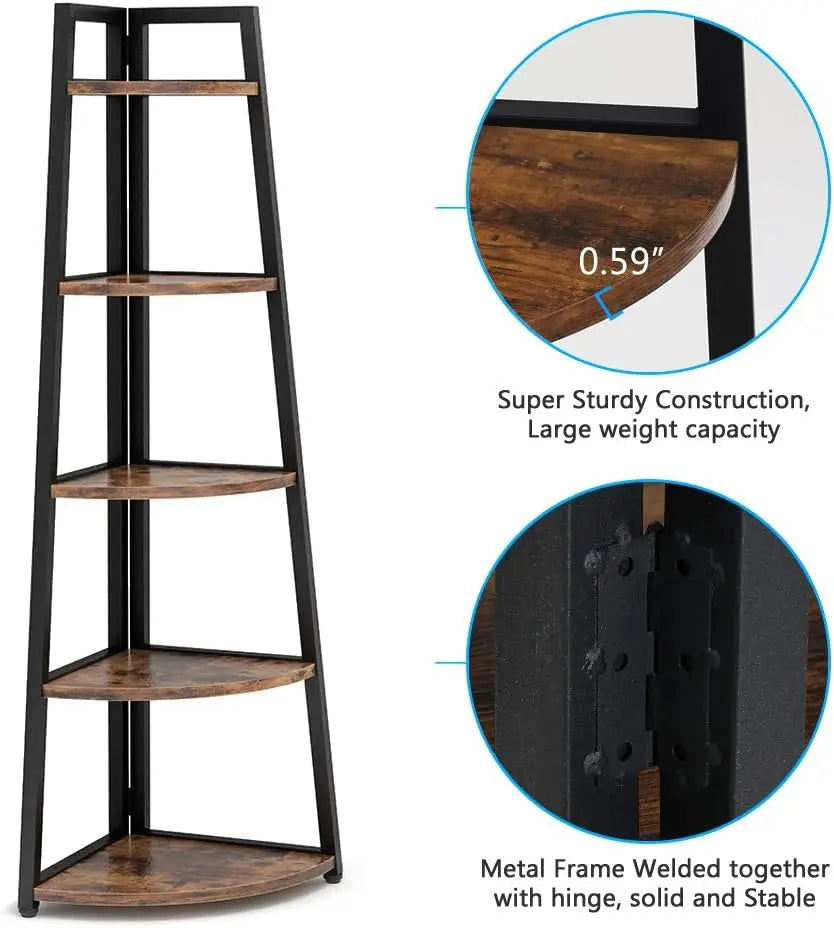 5 Tier Industrial Corner Bookshelf Bookcase Industrial Corner Ladder Shelf Plant Stand for Living Room, Kitchen, Home Office