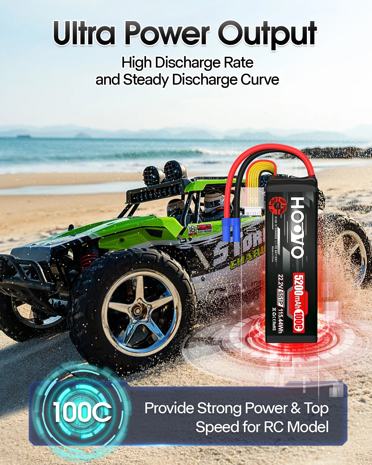 HOOVO 2Pcs 6S Lipo Battery 22.2V 100C 5200mAh with EC5 Connector for RC Car Truck Truggy Buggy Tank RC Airplane Helicopter Boat