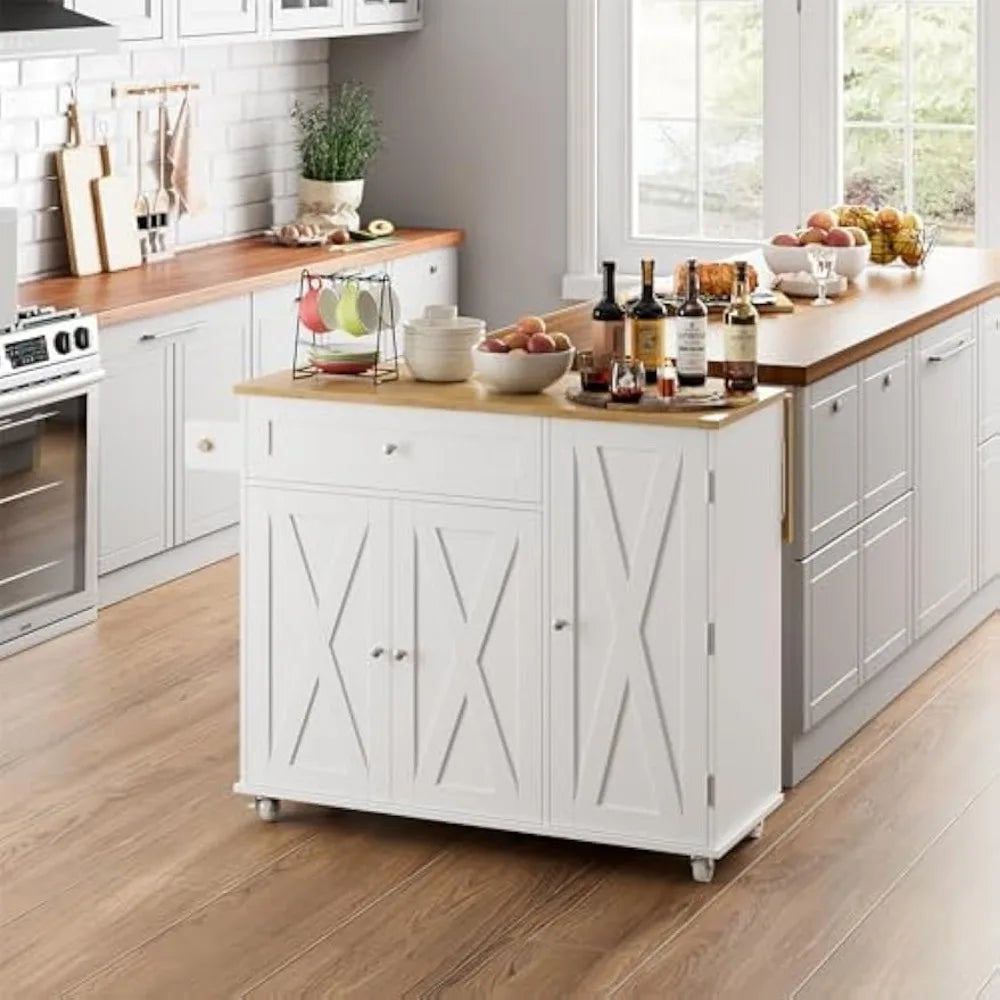 Kitchen Island with Storage, Island Table on Wheels with Drop Leaf, Spice Rack, Drawer, Towel Rack, Rolling Kitchen Island Cart