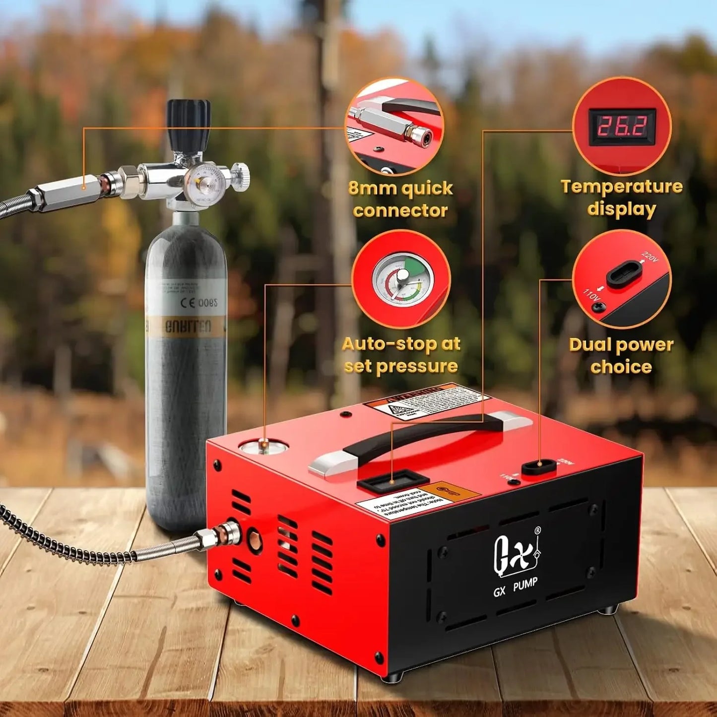 PCP Air Compressor with Built-in Power Adapter,Auto-shutoff Oil &Water-Free 4500Psi/30Mpa Air Gun and Paintball