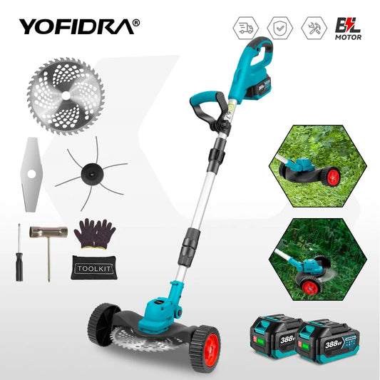 YOFIDRA 9 Inch Brushless Electric Lawn Mower Handheld Cordless Grass Trimmer Length Adjustable Garden Tool For 21V 18V Batter