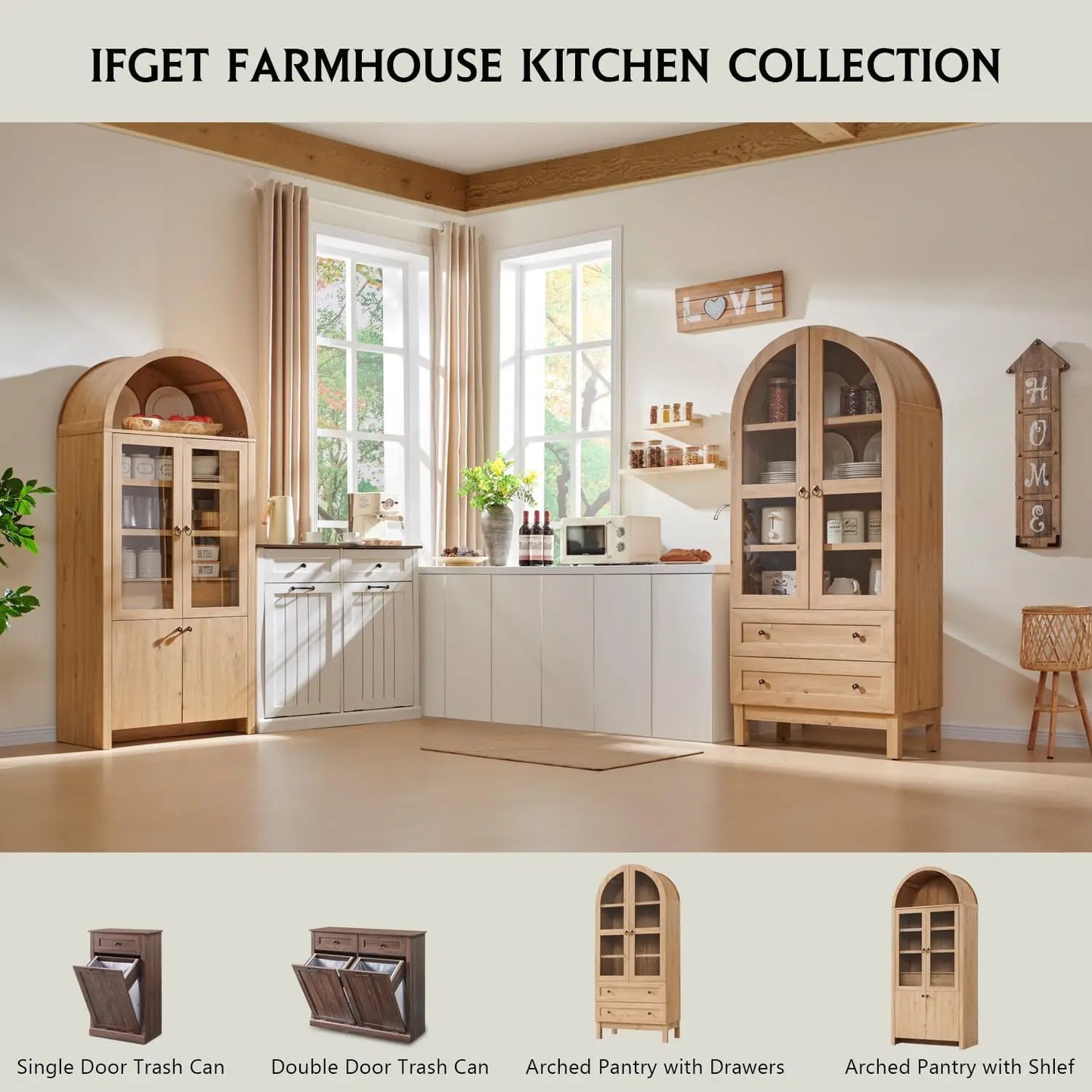 Wood Kitchen Storage Cabinets with 2 Large Drawers and Adjustable Shelves, Modern Farmhouse Versatile Cupboard for Kitchen