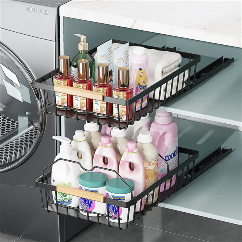 Pull Out Cabinet Organizer, Metal Slide Out Drawers for Cabinets, Sliding Drawers Adhesive Nano Film Roll out Shelf for Kitchen