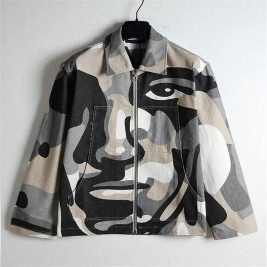 American style new retro printed slim fit long sleeved polo collar zipper cardigan jacket for men