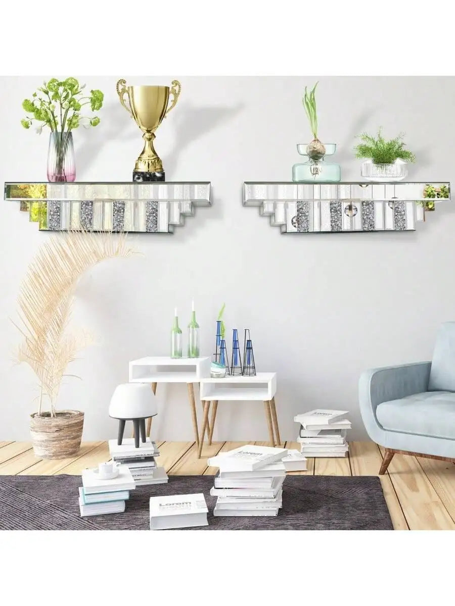 Mirrored Floating Shelf for Wall Silver Mirror Crushed Diamond Decorative Shelf for Home Decoration Crystal Diamond Art