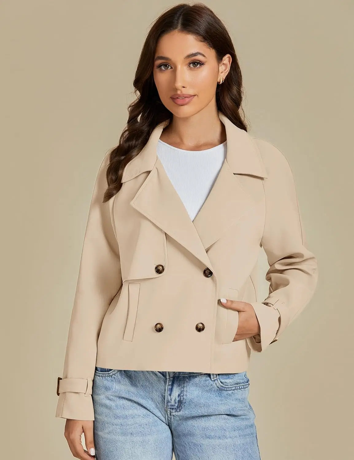 luvamia Cropped Trench Coat for Women Long Sleeve Double Breasted Notched Lapel Casual Loose Fit Jackets with Pockets Jacket