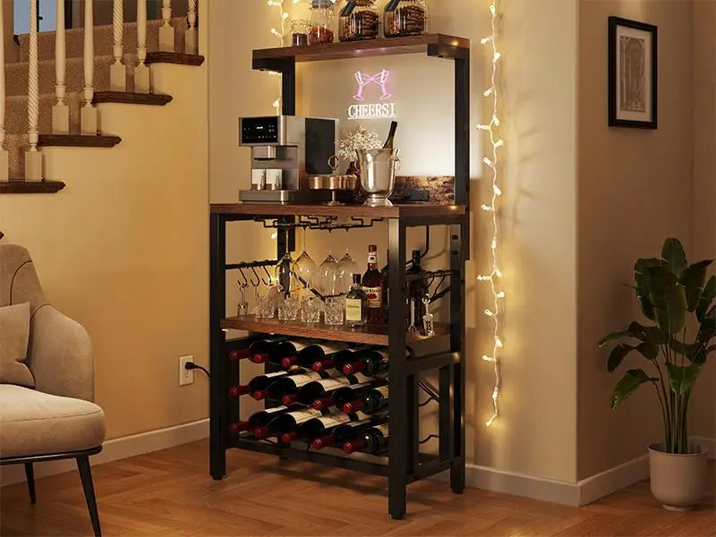 Small Kitchen Microwave Bakers Stand Wine Rack, Wine Rack,Coffee Bar Storage with Power Outlet for Liquor Thicken Shelf Room