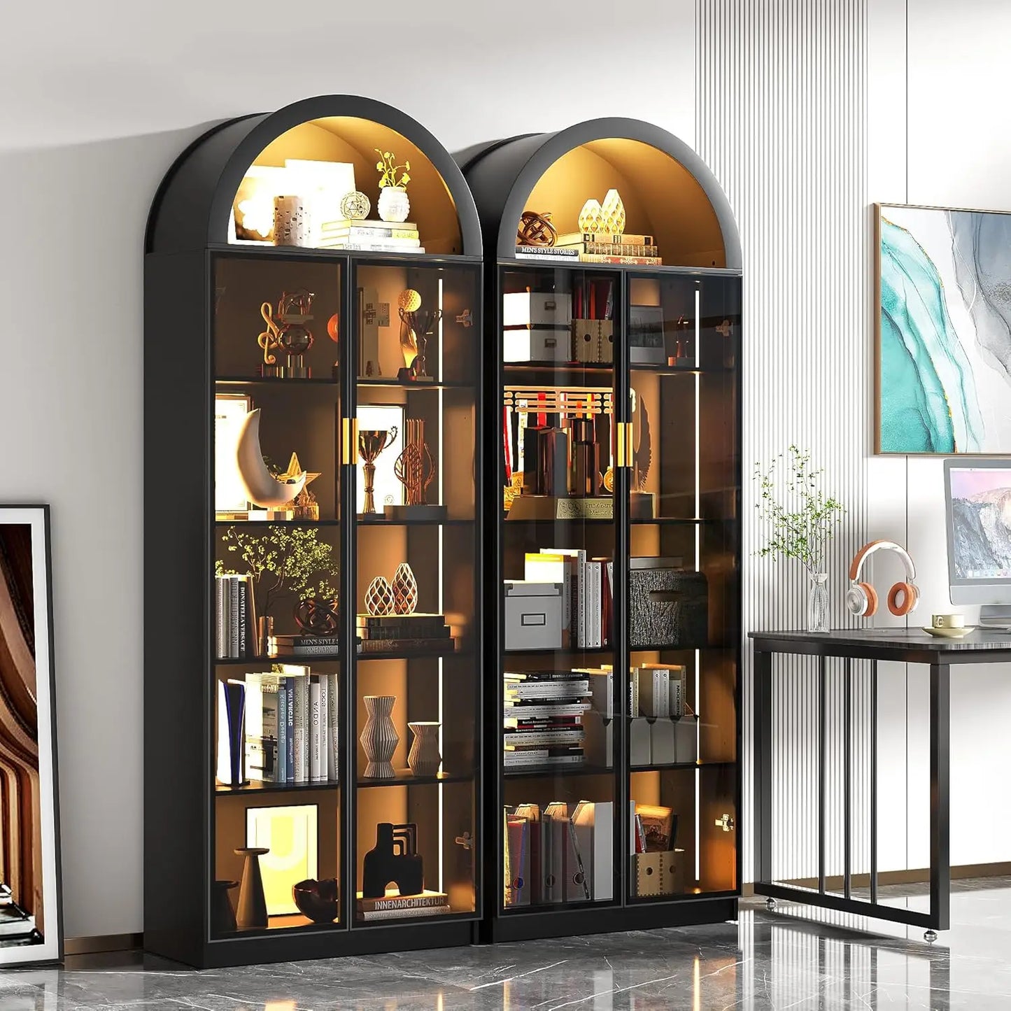 Display Cabinet with Doors and Adjustable Shelves, 76" Tall Display Case with LED Lights/Arch