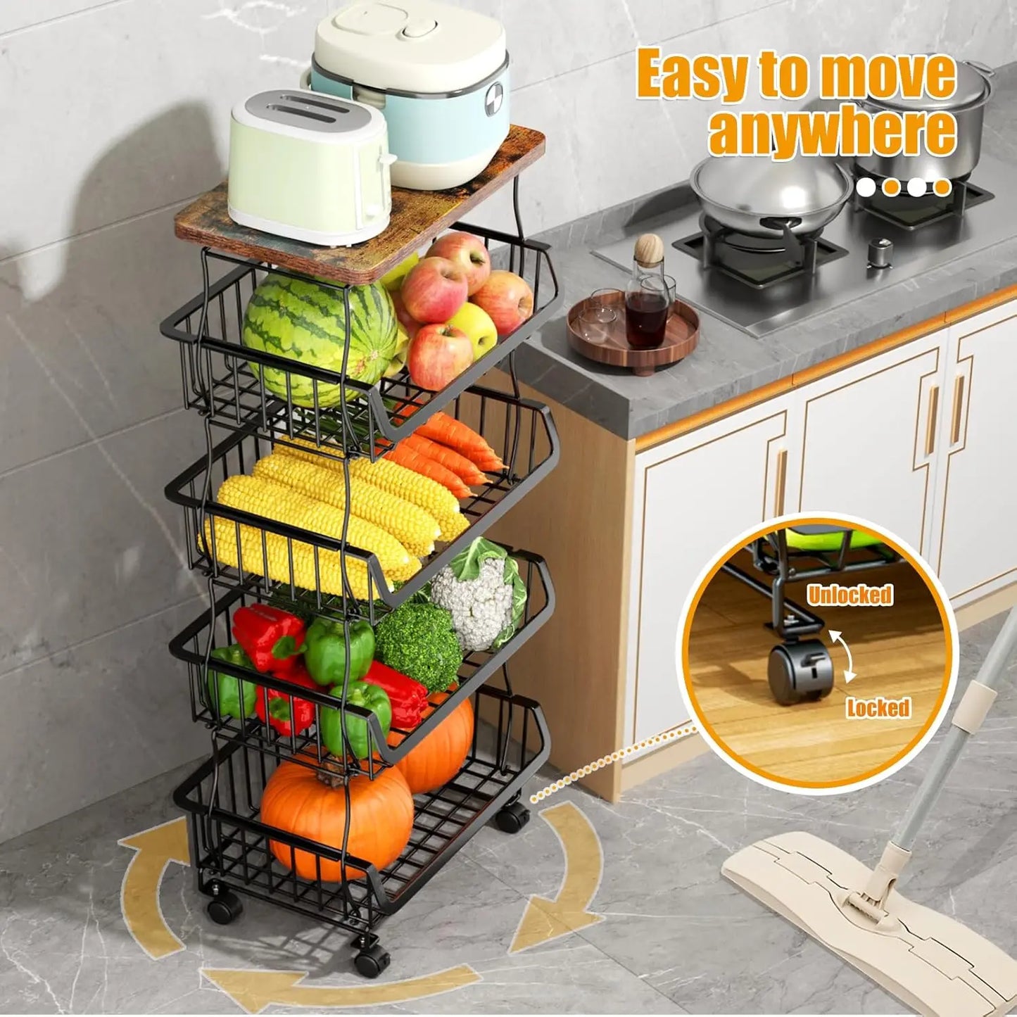 Fruit Vegetable Basket for Kitchen,  Stackable Fruit Vegetable Storage Baskets with Wheels, Metal Wire Storage Basket