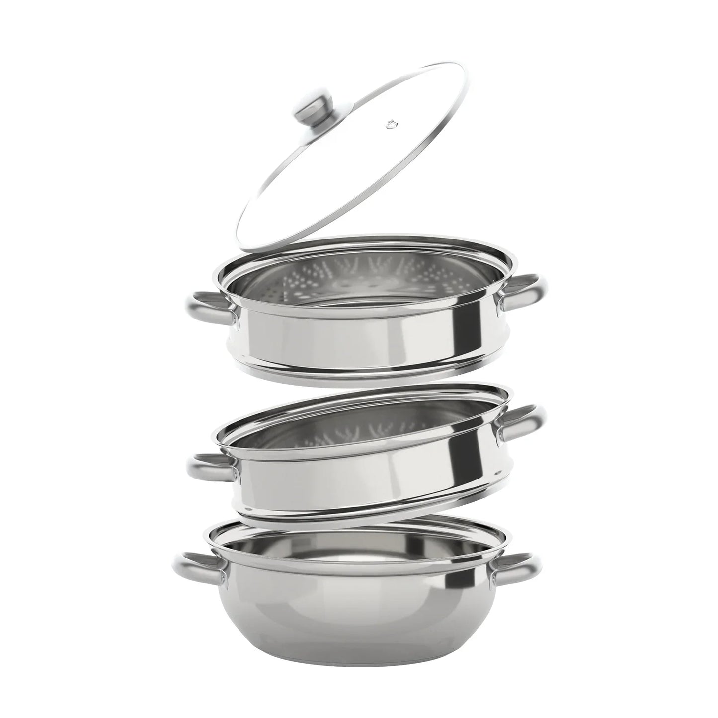 3 Tiers Stainless Steel Steamer 28cm Overlapping Steaming Pot Cookware Kitchen Soup Steamer Cooker Set Silver with Glass Lid