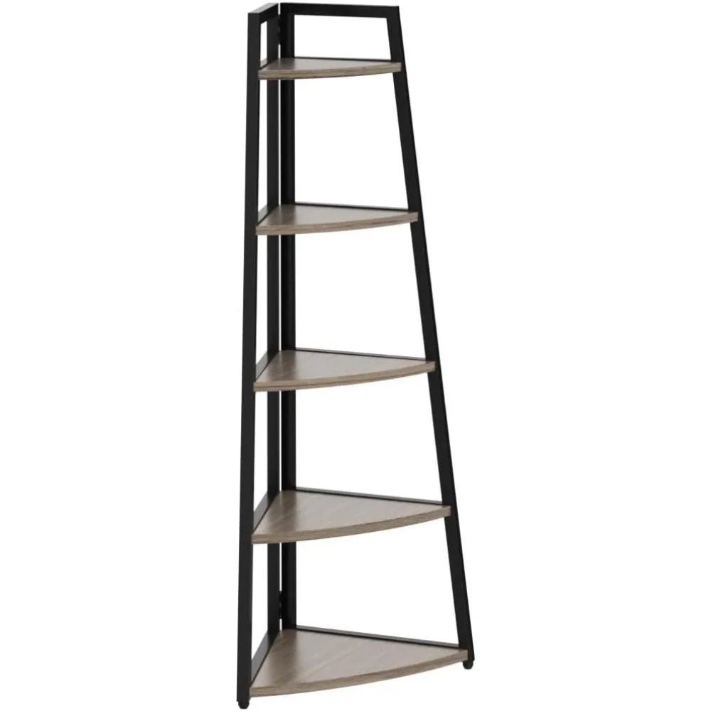 5 Tier Industrial Corner Bookshelf Bookcase Industrial Corner Ladder Shelf Plant Stand for Living Room, Kitchen, Home Office