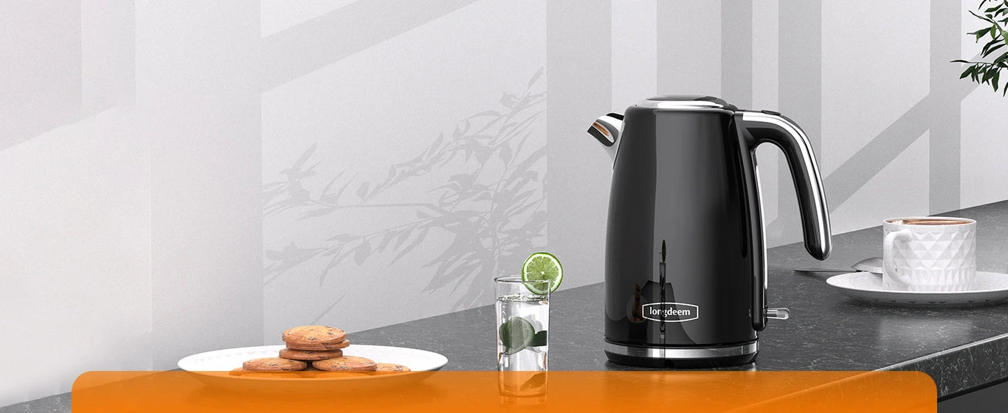 Electric Kettles 1500W for Boiling Water, Longdeem Retro 1.7L Stainless Steel Hot Water Boiler with Automatic Shut Off, Black