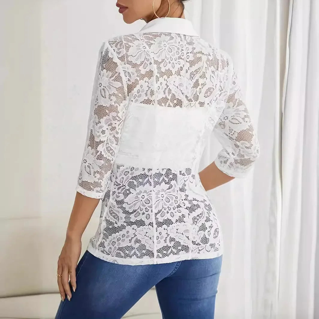 solid Elegantcolor fashionable lace patchwork small suit women's coat mesh long sleeved slim fit sports jacket women's cardigan
