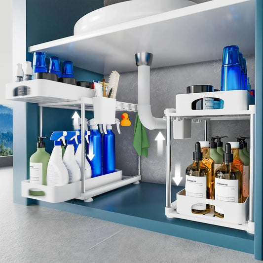 2 Pack Under Sink Organizers and Storage, Double Sliding Kitchen Cabinet Organizer,2 Tier Height Adjustable Countertop Organizer