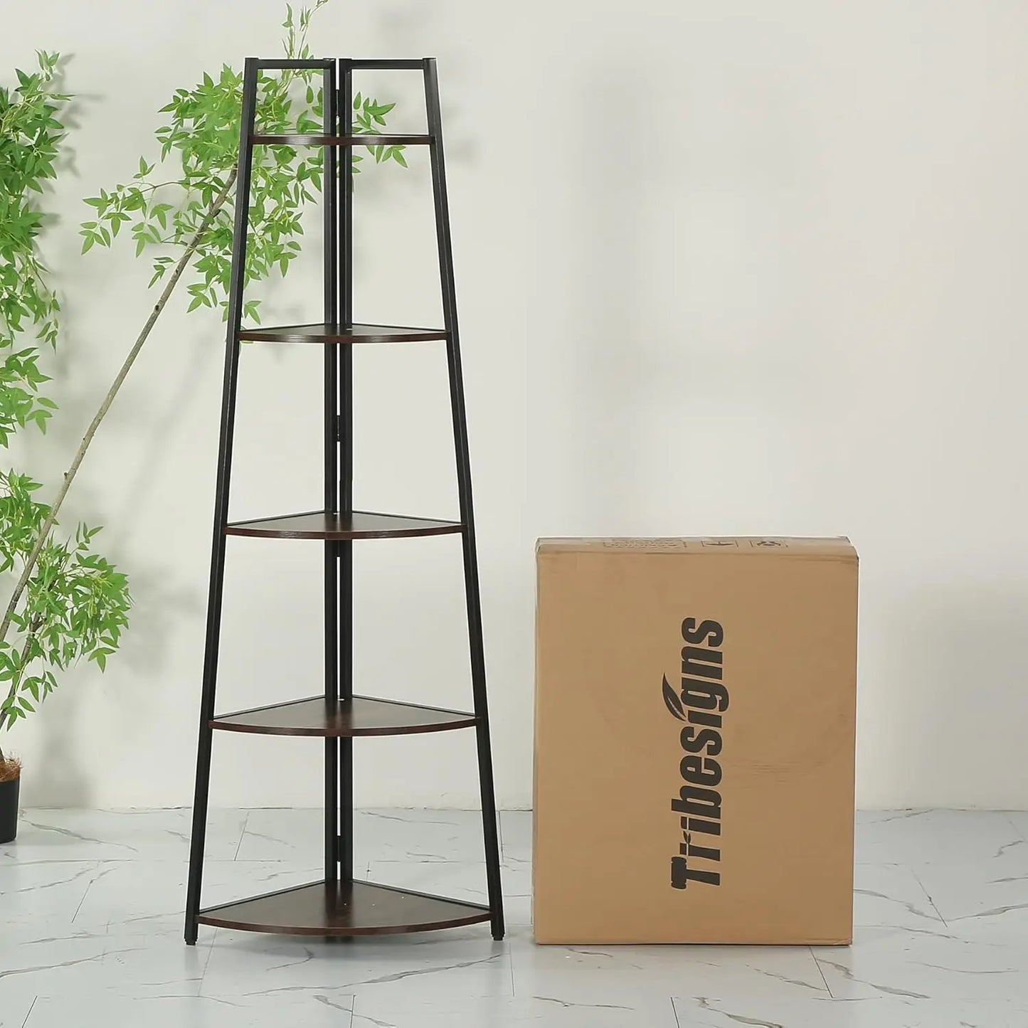 5 Tier Industrial Corner Bookshelf Bookcase Industrial Corner Ladder Shelf Plant Stand for Living Room, Kitchen, Home Office