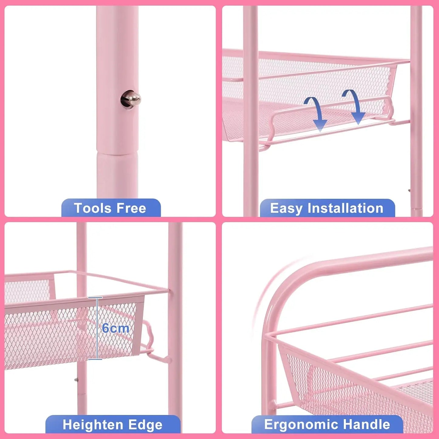 Rolling Cart, Metal Utility Cart with 3 Hooks, Easy Assemble Mobile Storage Trolley On Wheels, Metal Shelving Units Kitchen