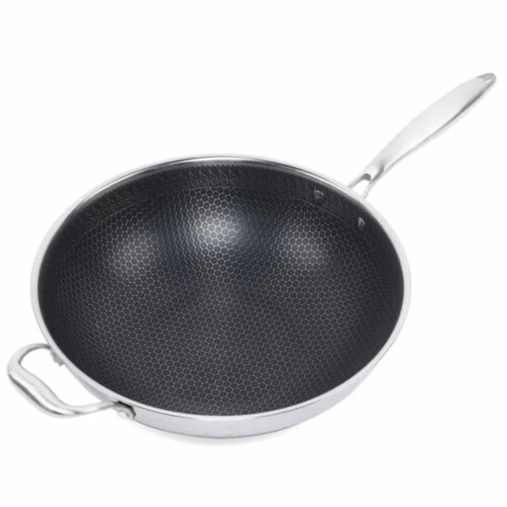 Bymaocar 34cm Cooking Wok Stainless Steel Kitchen Frying Pan with Non-stick Coated & Glass  Lid for Gas Stove & Induction Cooker
