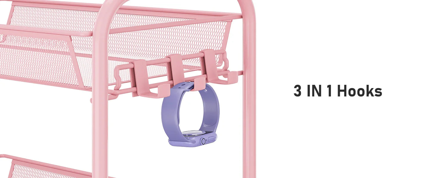 Rolling Cart, Metal Utility Cart with 3 Hooks, Easy Assemble Mobile Storage Trolley On Wheels, Metal Shelving Units Kitchen