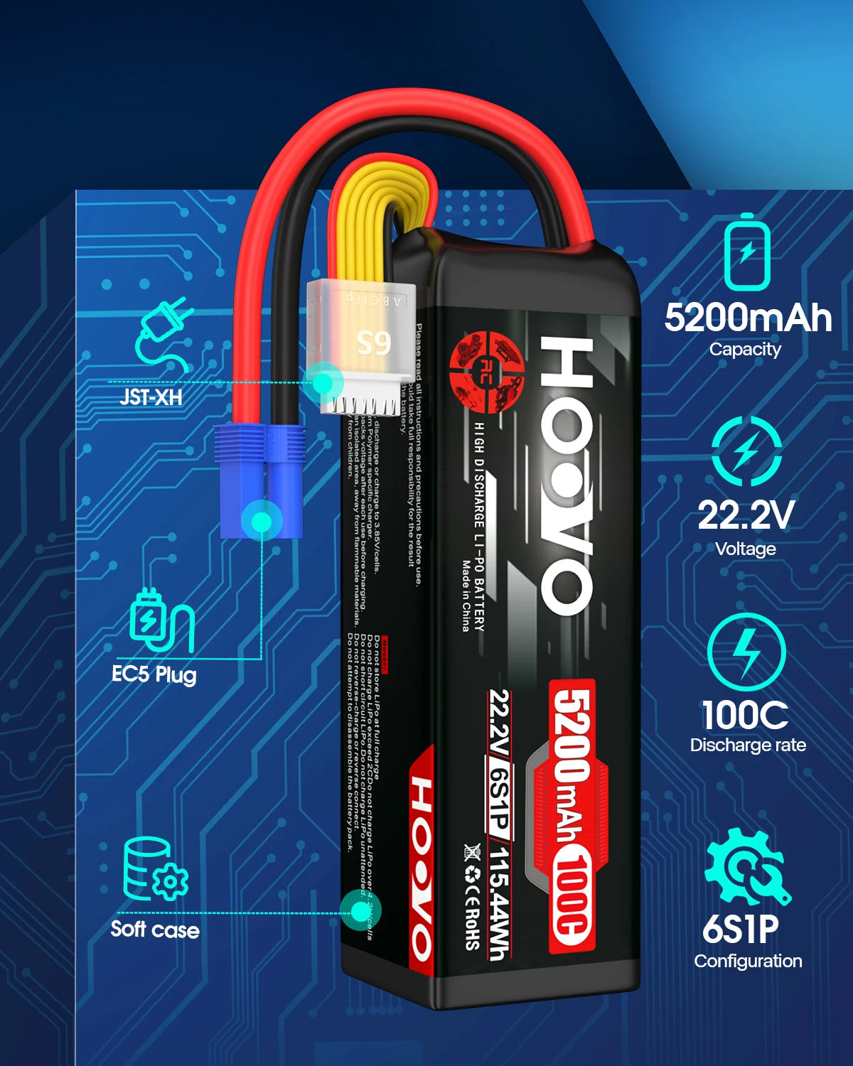 HOOVO 2Pcs 6S Lipo Battery 22.2V 100C 5200mAh with EC5 Connector for RC Car Truck Truggy Buggy Tank RC Airplane Helicopter Boat