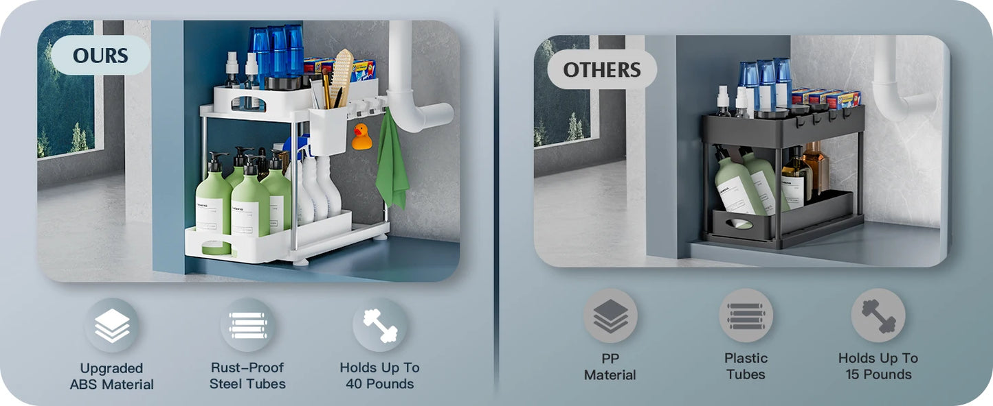 2 Pack Under Sink Organizers and Storage, Double Sliding Kitchen Cabinet Organizer,2 Tier Height Adjustable Countertop Organizer