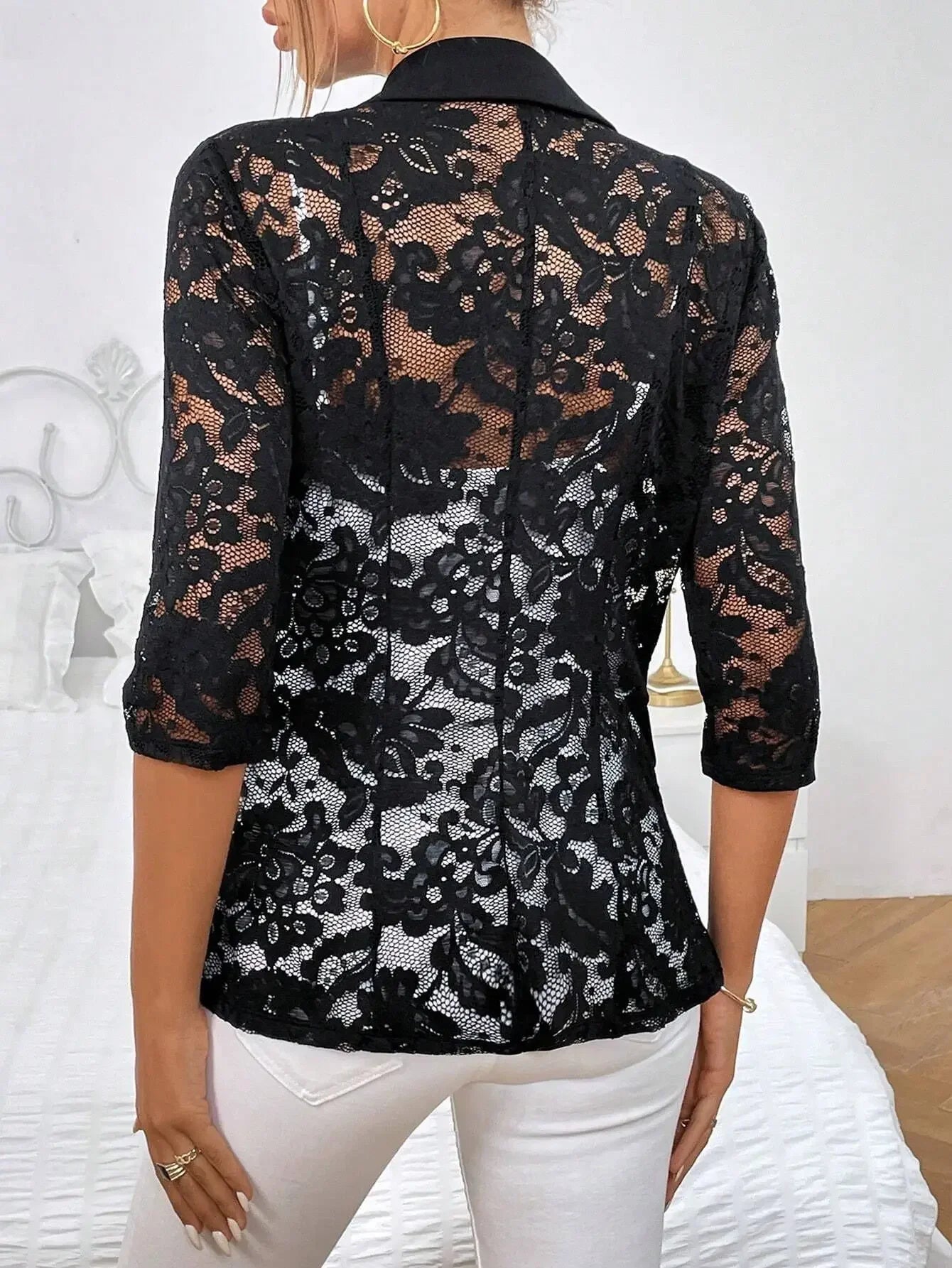 solid Elegantcolor fashionable lace patchwork small suit women's coat mesh long sleeved slim fit sports jacket women's cardigan