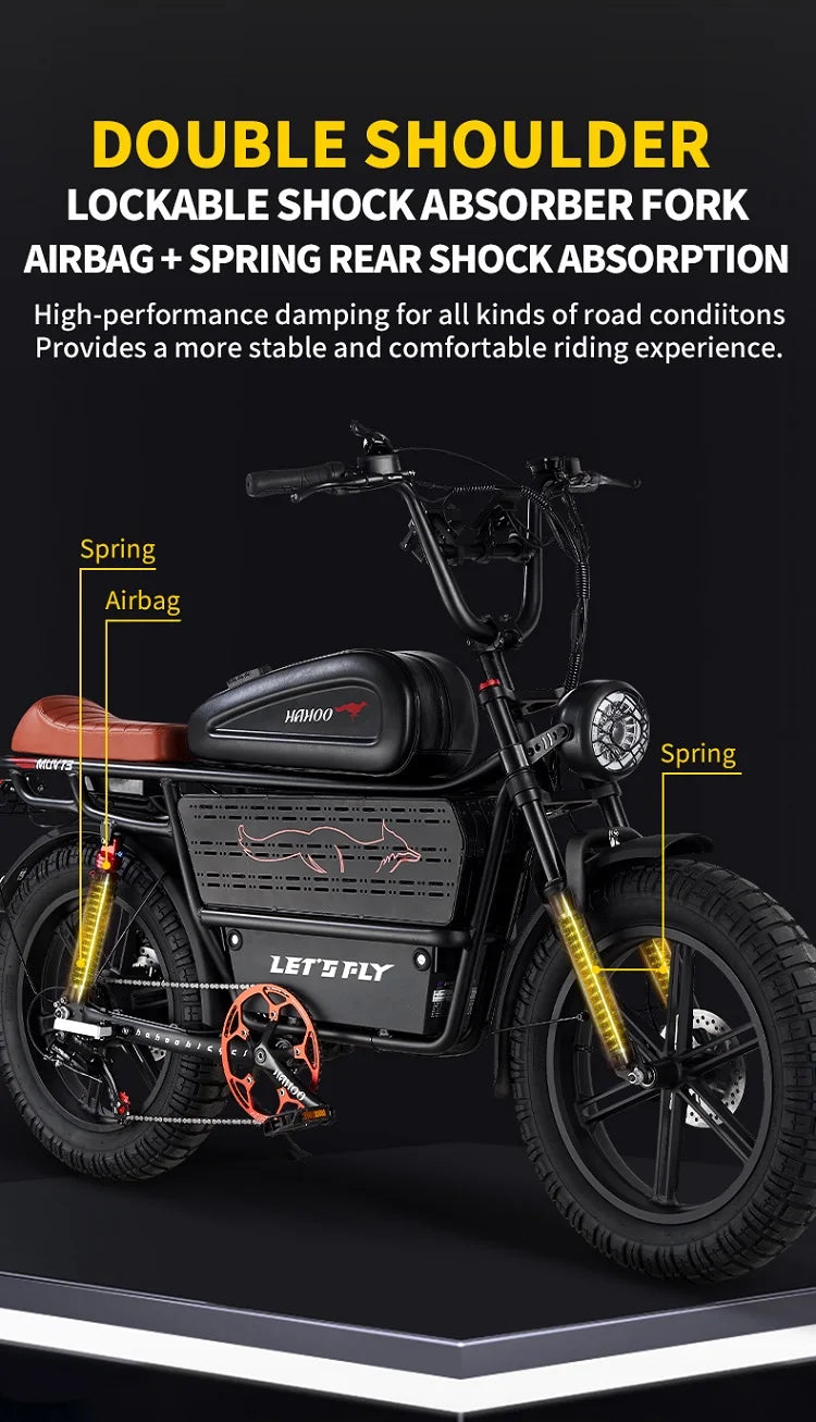 HAHOO H20 20 inches adult electric mountain bike 1000W brushless motor 48V 60Ah ebike dual suspension off road tyre bicycle