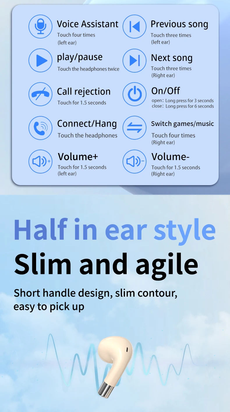 Dual Set Wireless Bluetooth Earbuds Gaming Music Sports HD Audio TWS Headphone Hands-Free Calls Intuitive Touch Control Earphone