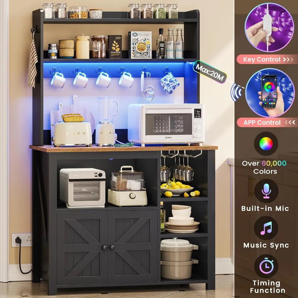 35.4 inch Coffee Bar Cabinet, Bakers Rack with Power Outlet and Storage, LED Lights, Wine Glass Holder and 8 Hooks,