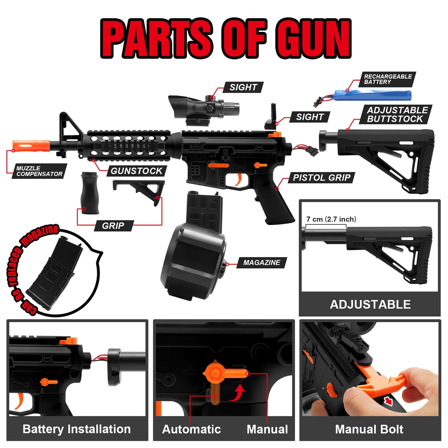 High Speed M4A1 Electric Gel Balls Gun Toys,Automatic&Manual Dual Modes Water Bullets Blaster,Upgraded Water Bead Splatter Toys
