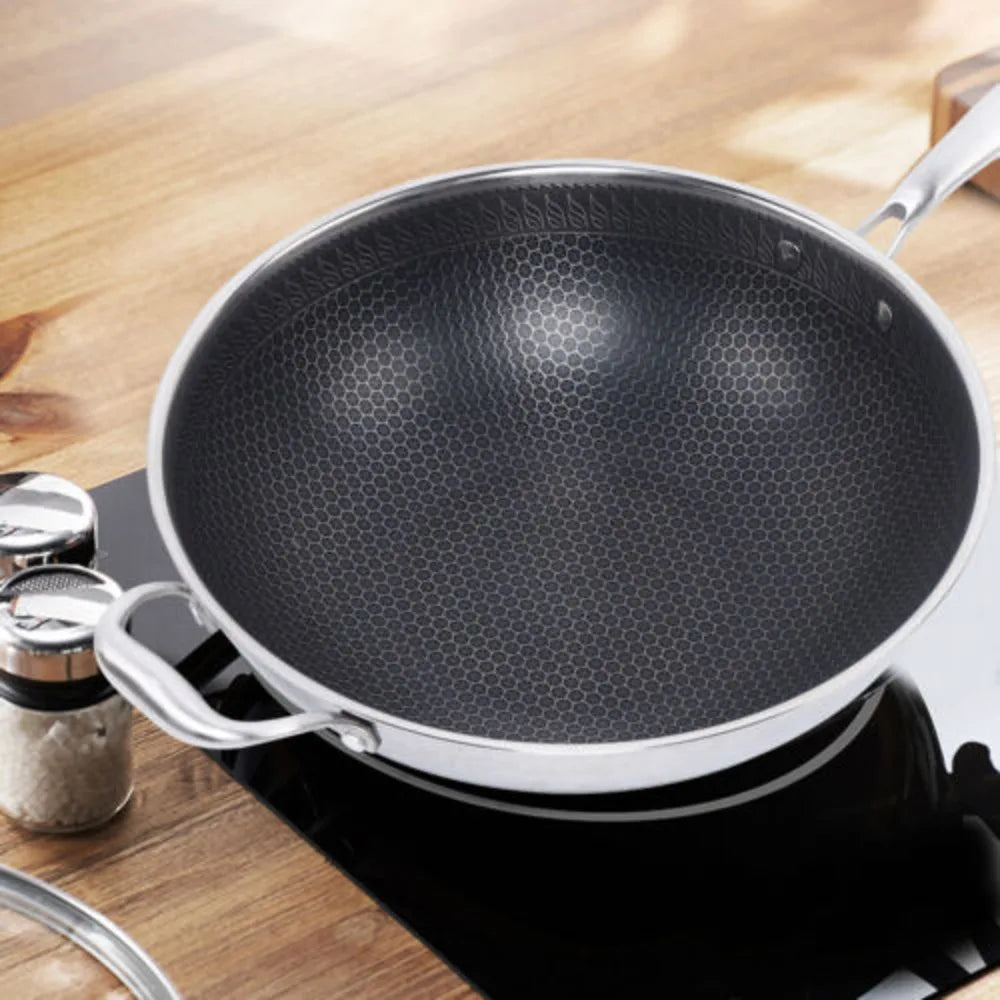Bymaocar 34cm Cooking Wok Stainless Steel Kitchen Frying Pan with Non-stick Coated & Glass  Lid for Gas Stove & Induction Cooker