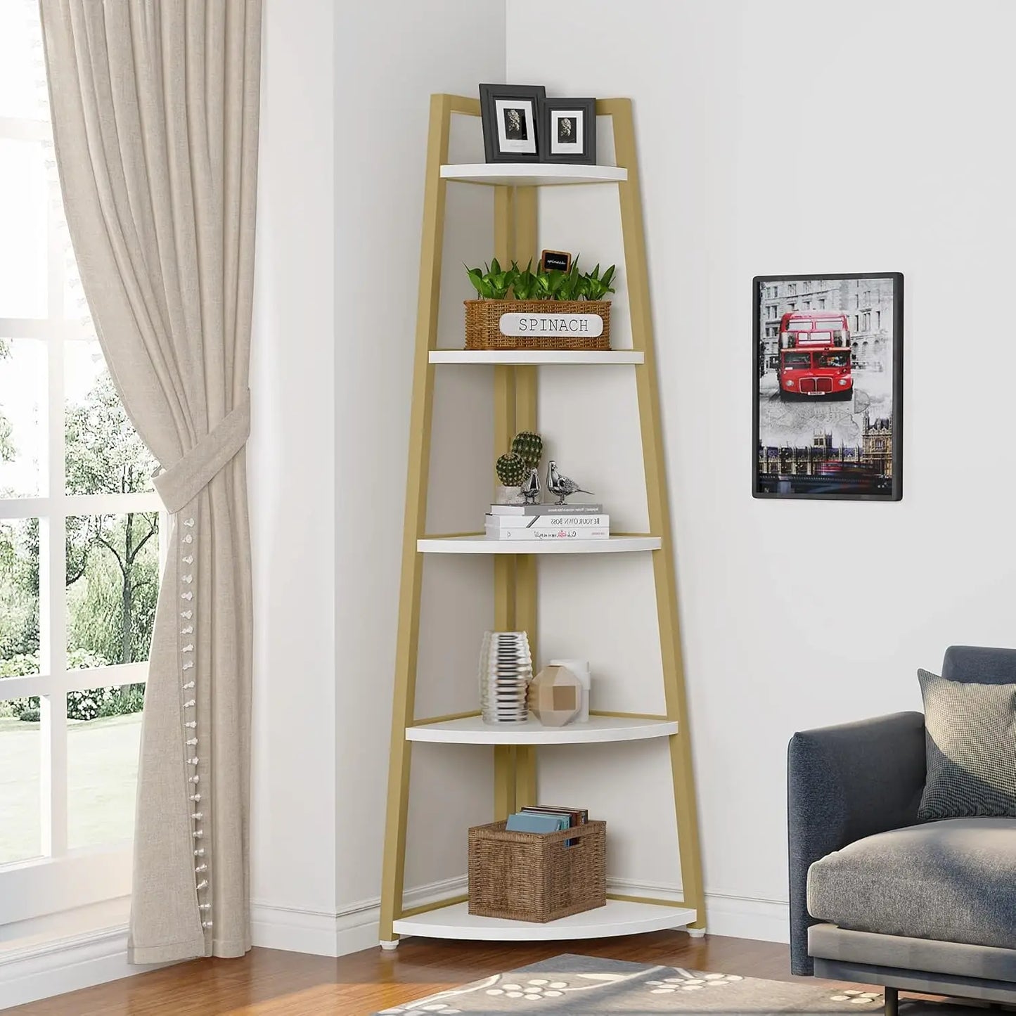 5 Tier Industrial Corner Bookshelf Bookcase Industrial Corner Ladder Shelf Plant Stand for Living Room, Kitchen, Home Office