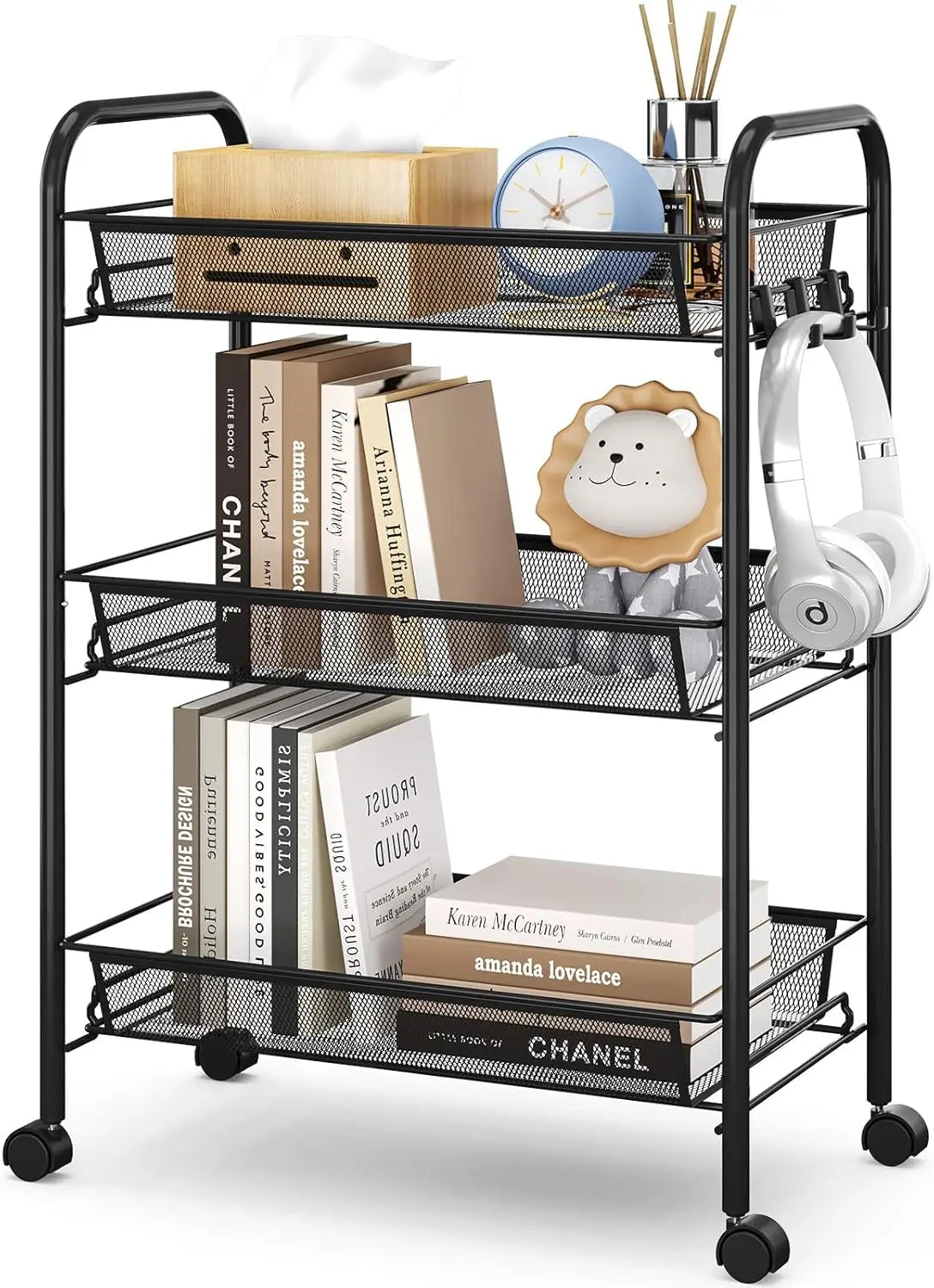 Rolling Cart, Metal Utility Cart with 3 Hooks, Easy Assemble Mobile Storage Trolley On Wheels, Metal Shelving Units Kitchen