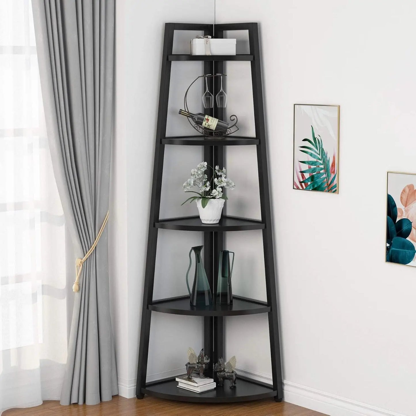 5 Tier Industrial Corner Bookshelf Bookcase Industrial Corner Ladder Shelf Plant Stand for Living Room, Kitchen, Home Office