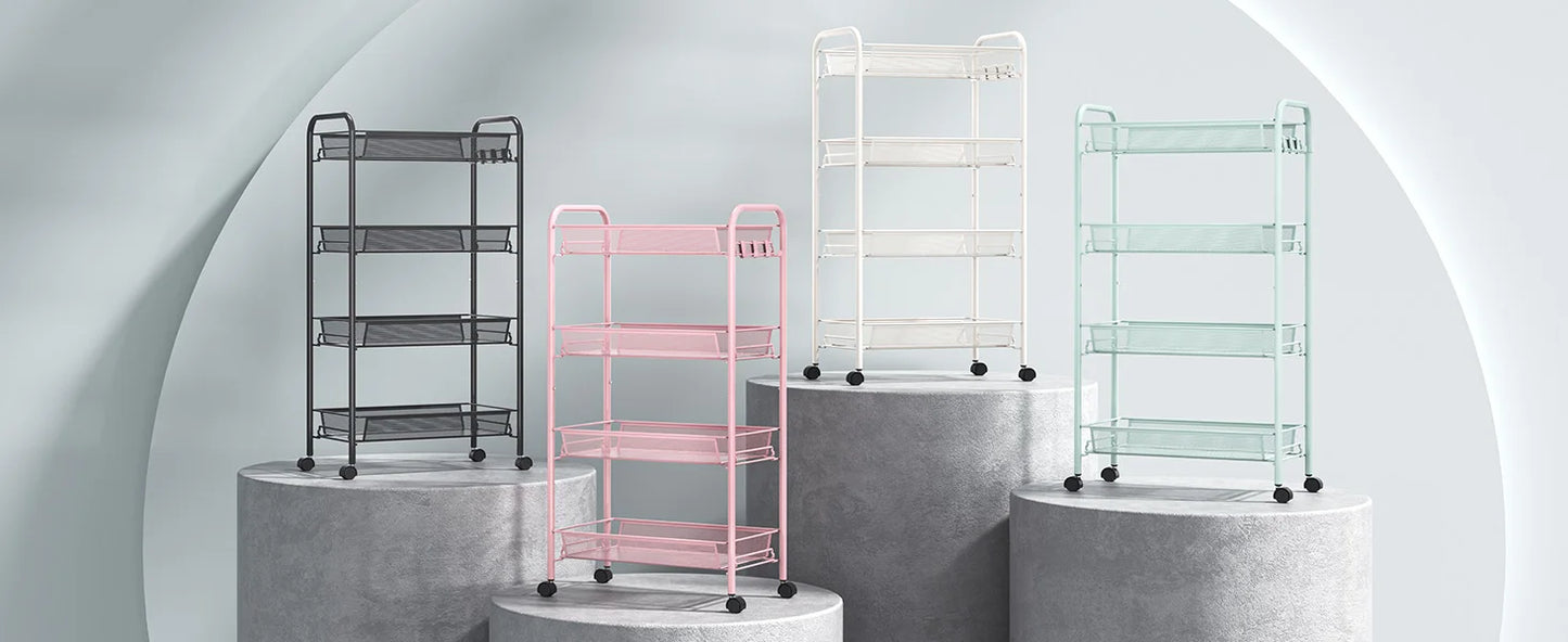 Rolling Cart, Metal Utility Cart with 3 Hooks, Easy Assemble Mobile Storage Trolley On Wheels, Metal Shelving Units Kitchen