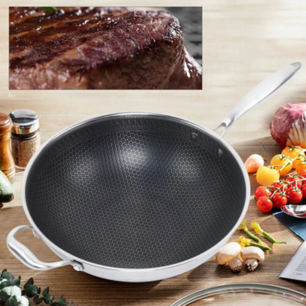 Bymaocar 34cm Cooking Wok Stainless Steel Kitchen Frying Pan with Non-stick Coated & Glass  Lid for Gas Stove & Induction Cooker