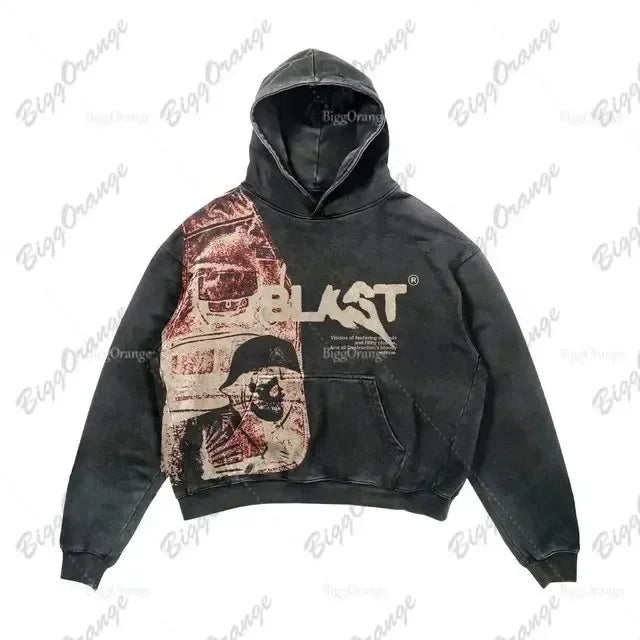 Harajuku Hand touch printing Hoodie Oversized Streetwear Tops Sweatshirt Y2k Clothes Gothic Grunge Hoodies  Men Clothing
