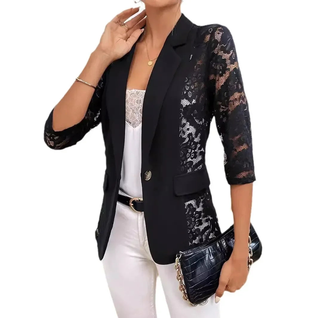 solid Elegantcolor fashionable lace patchwork small suit women's coat mesh long sleeved slim fit sports jacket women's cardigan