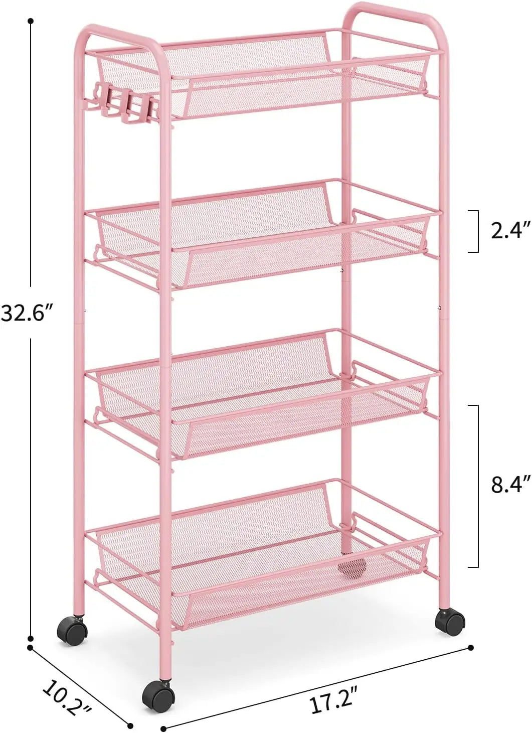 Rolling Cart, Metal Utility Cart with 3 Hooks, Easy Assemble Mobile Storage Trolley On Wheels, Metal Shelving Units Kitchen